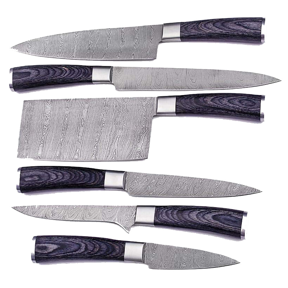 TOP Seller 6pcs Knife Set Pakka Wood Handle Laser Pattern Damascus Kitchen Knife Set Chef Handmade Chef Set